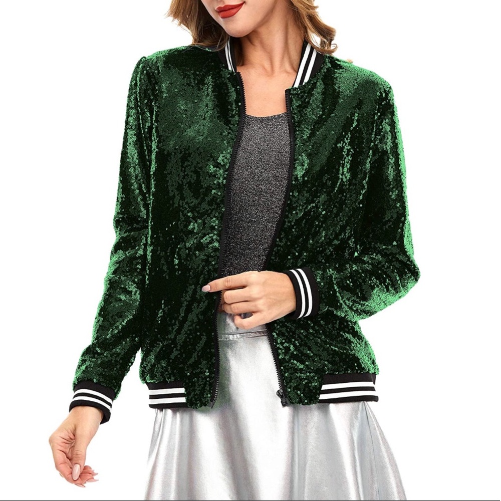 Sequin Long Sleeve Lightweight Zip Bomber Jacket